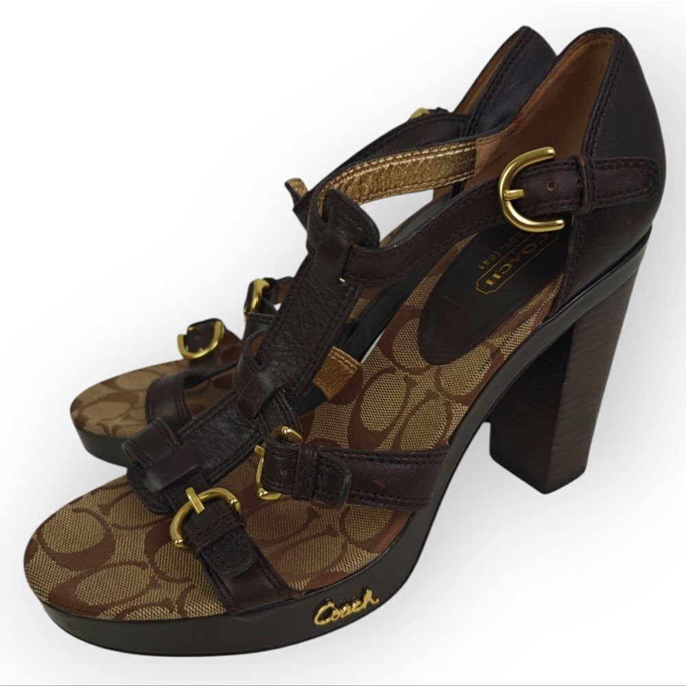 Coach Brown Genuine Leather and Gold Details Heels Luxurious Style Size 10B - Picture 3 of 7